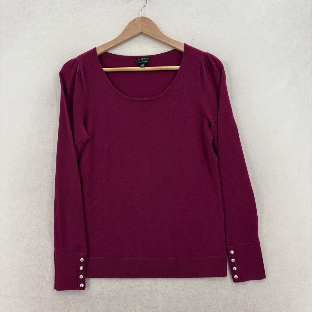 Talbots Sweater Womens XS Purple 100% Merino Wool Scoop Neck Button Cuff Knit